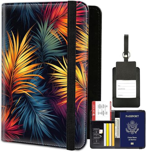 Passport Holder for Women Men, PU Leather Travel Passport Wallet and Luggage Tag Set, Waterproof Passport Case Book with Credit Card Slots, Passport Cover RFID Blocking，Cherry Blossom Butterflies in Saudi Arabia