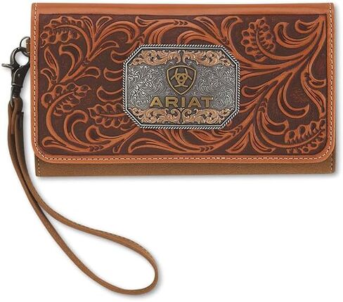 محفظة ARIAT للسيدات Evelyn Clutch، غطاء جلدي منقوش بالزهور، محفظة معصم قابلة للإزالة، أسمر ضارب للصفرة in Kuwait