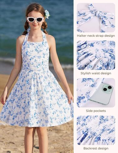 GRACE KARIN Girls Floral Summer Dress Spring Holiday Beach Party Sundress Halter Neck Tie Backless Dresses 7-14 Years in Kuwait
