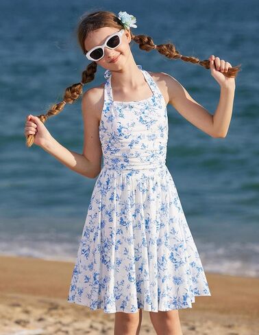 GRACE KARIN Girls Floral Summer Dress Spring Holiday Beach Party Sundress Halter Neck Tie Backless Dresses 7-14 Years in Kuwait