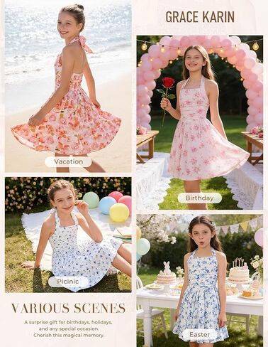 GRACE KARIN Girls Floral Summer Dress Spring Holiday Beach Party Sundress Halter Neck Tie Backless Dresses 7-14 Years in Kuwait