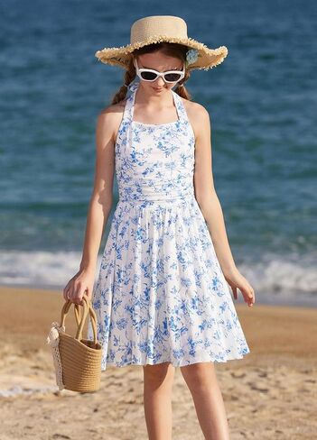 GRACE KARIN Girls Floral Summer Dress Spring Holiday Beach Party Sundress Halter Neck Tie Backless Dresses 7-14 Years in Kuwait