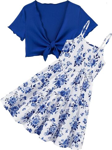 RAISEVERN 7-14Y Girls Adjustable Strap Sleeveless A Line Dress with Cardigan 2 Piece Set in Saudi Arabia