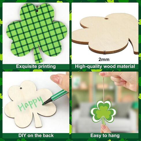 36 Pcs St. Patrick's Day Shamrock Hanging Ornaments 3.15 Inch Lucky Clover Wooden Cutouts for Tree Green Shamrock Wood Hanging Decorations with Rope for Irish Holiday Home Small Tree Craft Party Decor in Saudi Arabia
