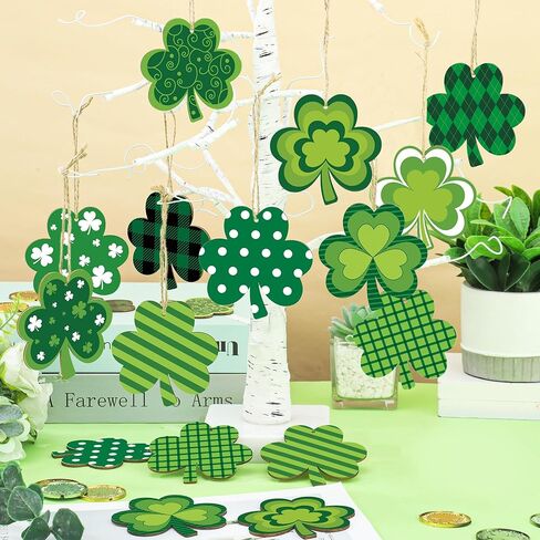 36 Pcs St. Patrick's Day Shamrock Hanging Ornaments 3.15 Inch Lucky Clover Wooden Cutouts for Tree Green Shamrock Wood Hanging Decorations with Rope for Irish Holiday Home Small Tree Craft Party Decor in Saudi Arabia