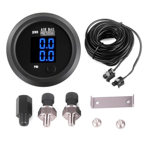 مقياس ضغط كيس الهواء بشاشة رقمية مزدوجة 0-232PSI (16BAR) لنظام تعليق الركوب الهوائي مع قطعتين من أجهزة الاستشعار الكهربائية 1/8NPT مع تركيب 1/8NPT إلى 1/4NPT مقاس 2-1/16 بوصة (52 مم) LED أبيض in Kuwait