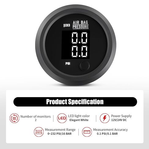 مقياس ضغط كيس الهواء بشاشة رقمية مزدوجة 0-232PSI (16BAR) لنظام تعليق الركوب الهوائي مع قطعتين من أجهزة الاستشعار الكهربائية 1/8NPT مع تركيب 1/8NPT إلى 1/4NPT مقاس 2-1/16 بوصة (52 مم) LED أبيض in Kuwait