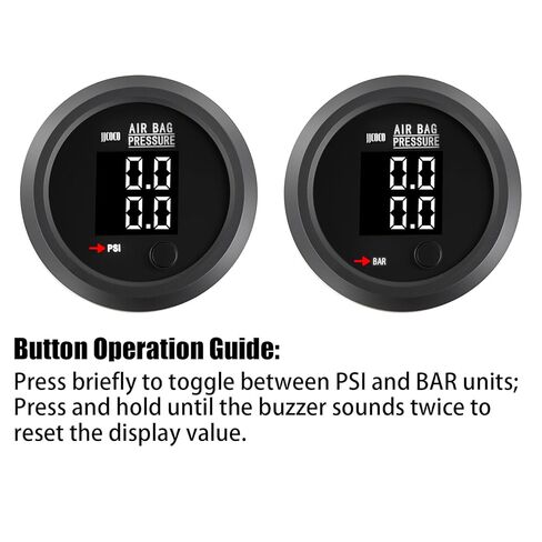 مقياس ضغط كيس الهواء بشاشة رقمية مزدوجة 0-232PSI (16BAR) لنظام تعليق الركوب الهوائي مع قطعتين من أجهزة الاستشعار الكهربائية 1/8NPT مع تركيب 1/8NPT إلى 1/4NPT مقاس 2-1/16 بوصة (52 مم) LED أبيض in Kuwait