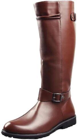 Men's Retro Leather Pull On Combat Military Boot Fashion Low Heel Round Toe Soft Steampunk Y2K Knee High Motorcycle Boots For Casual Daily Wear Office Business Outfits in Saudi Arabia