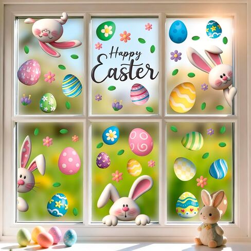 Easter Clings Decorations for Glass Window - 64 Pcs 3D Double-sided Spring Bunny Egg Flowers Leaves Stickers, Happy Easter Decals for Ornaments Home Office Door Classrom Holiday Party Decor (6 Sheets) in Saudi Arabia
