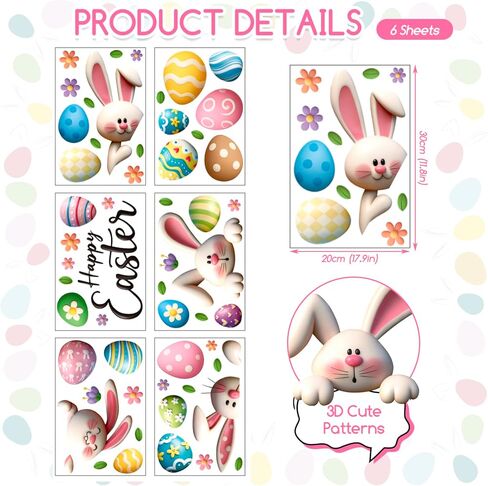 Easter Clings Decorations for Glass Window - 64 Pcs 3D Double-sided Spring Bunny Egg Flowers Leaves Stickers, Happy Easter Decals for Ornaments Home Office Door Classrom Holiday Party Decor (6 Sheets) in Saudi Arabia