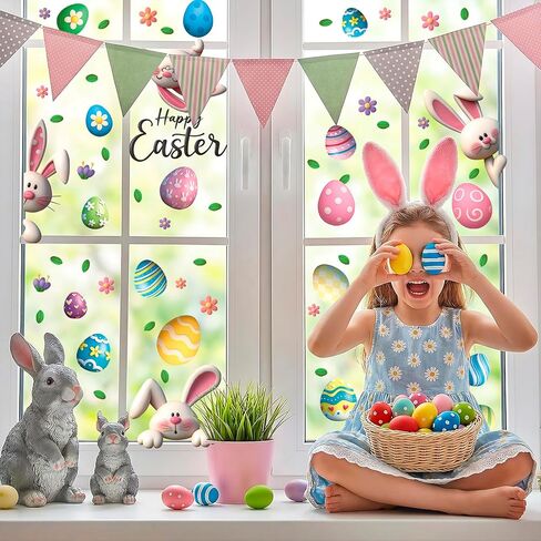 Easter Clings Decorations for Glass Window - 64 Pcs 3D Double-sided Spring Bunny Egg Flowers Leaves Stickers, Happy Easter Decals for Ornaments Home Office Door Classrom Holiday Party Decor (6 Sheets) in Saudi Arabia
