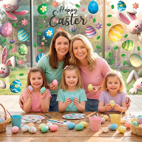 Easter Clings Decorations for Glass Window - 64 Pcs 3D Double-sided Spring Bunny Egg Flowers Leaves Stickers, Happy Easter Decals for Ornaments Home Office Door Classrom Holiday Party Decor (6 Sheets) in Saudi Arabia