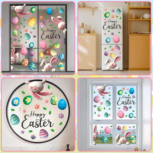 Easter Clings Decorations for Glass Window - 64 Pcs 3D Double-sided Spring Bunny Egg Flowers Leaves Stickers, Happy Easter Decals for Ornaments Home Office Door Classrom Holiday Party Decor (6 Sheets) in Saudi Arabia