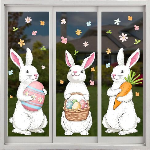 Farmhouse Easter Decorations Window Clings: Extra Large Easter Bunny Holding Eggs Carrot, Cute Rustic White Rabbits Spring Window Clings for Glass Windows, Kids Home Office Party Gifts, 6 Sheets in Saudi Arabia