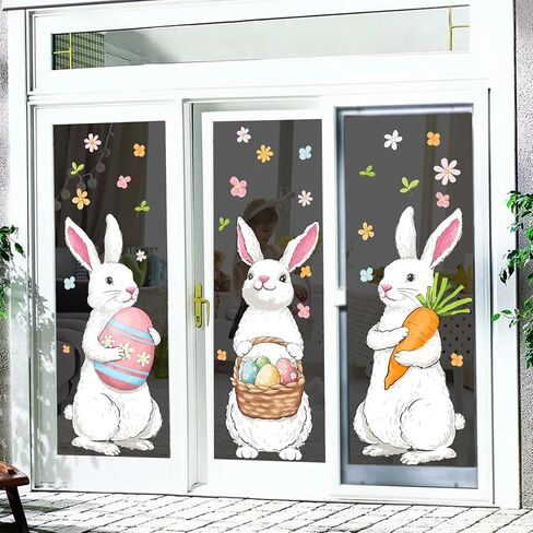 Farmhouse Easter Decorations Window Clings: Extra Large Easter Bunny Holding Eggs Carrot, Cute Rustic White Rabbits Spring Window Clings for Glass Windows, Kids Home Office Party Gifts, 6 Sheets in Saudi Arabia