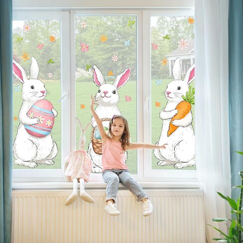 Farmhouse Easter Decorations Window Clings: Extra Large Easter Bunny Holding Eggs Carrot, Cute Rustic White Rabbits Spring Window Clings for Glass Windows, Kids Home Office Party Gifts, 6 Sheets in Saudi Arabia
