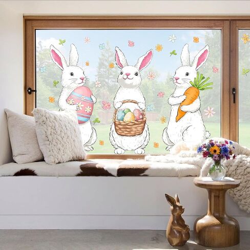 Farmhouse Easter Decorations Window Clings: Extra Large Easter Bunny Holding Eggs Carrot, Cute Rustic White Rabbits Spring Window Clings for Glass Windows, Kids Home Office Party Gifts, 6 Sheets in Saudi Arabia