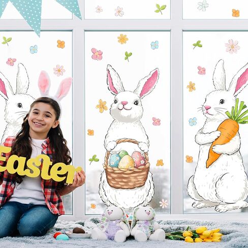 Farmhouse Easter Decorations Window Clings: Extra Large Easter Bunny Holding Eggs Carrot, Cute Rustic White Rabbits Spring Window Clings for Glass Windows, Kids Home Office Party Gifts, 6 Sheets in Saudi Arabia