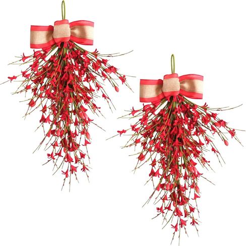 Bibelot Forsythia Spring Teardrop Swag، قطعتان من قطعتين من الزهور الاصطناعية للربيع والصيف مع قوس لباب الحائط ونافذة ديكور المنزل للزفاف (أحمر) in Kuwait