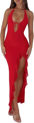 Women Sexy Halter V Neck Maxi Dress Mesh Ruffle Hem Bodycon Backless High Slit Cocktail Party Wedding Guest Dresses in Saudi Arabia