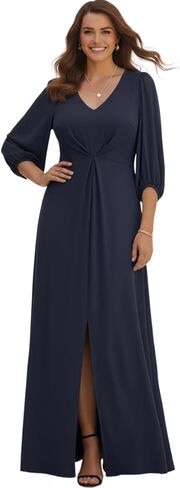 KOH KOH Womens Long Pleated Bishop ¾ Sleeve V-Neck Modest Slit Maxi Dress in Saudi Arabia