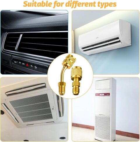 4 قطع محول سيارة R410a لنظام سبليت صغير، 5/16 بوصة SAE أنثى إلى 1/4 بوصة SAE ذكر مضيئة مستقيمة ومحول بزاوية 45 درجة، منفذ فراغ شحن مناسب لتبريد مكيف الهواء HVAC in Kuwait