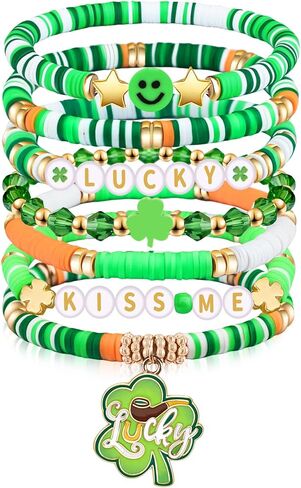 St Patrick‘s Bracelets for Women Men Teens Lucky Kiss Me Shamrock Bead Charms Stretch Bracelets St Patty's Day Gifts Party Outfits Costumes Accessories in Saudi Arabia