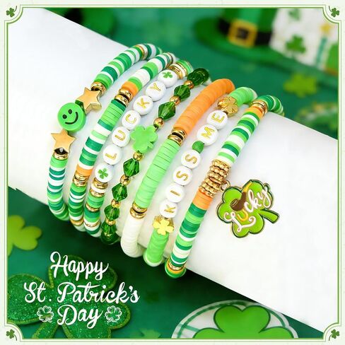 St Patrick‘s Bracelets for Women Men Teens Lucky Kiss Me Shamrock Bead Charms Stretch Bracelets St Patty's Day Gifts Party Outfits Costumes Accessories in Saudi Arabia