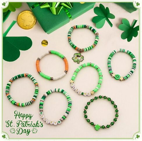 St Patrick‘s Bracelets for Women Men Teens Lucky Kiss Me Shamrock Bead Charms Stretch Bracelets St Patty's Day Gifts Party Outfits Costumes Accessories in Saudi Arabia