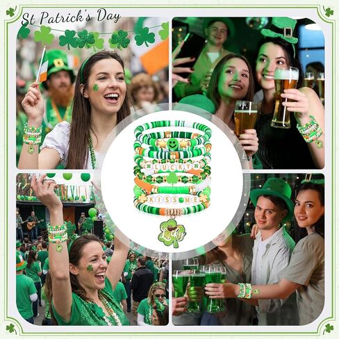 St Patrick‘s Bracelets for Women Men Teens Lucky Kiss Me Shamrock Bead Charms Stretch Bracelets St Patty's Day Gifts Party Outfits Costumes Accessories in Saudi Arabia