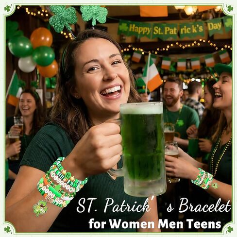 St Patrick‘s Bracelets for Women Men Teens Lucky Kiss Me Shamrock Bead Charms Stretch Bracelets St Patty's Day Gifts Party Outfits Costumes Accessories in Saudi Arabia