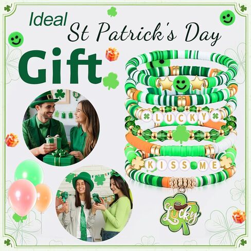 St Patrick‘s Bracelets for Women Men Teens Lucky Kiss Me Shamrock Bead Charms Stretch Bracelets St Patty's Day Gifts Party Outfits Costumes Accessories in Saudi Arabia