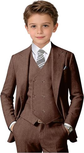 Boys Suit Tweed Herringbone 5 Piece Wedding Suits for Teen Boy Kids Tuxedo Suit Double Breasted Suits with Shirt Tie in Saudi Arabia