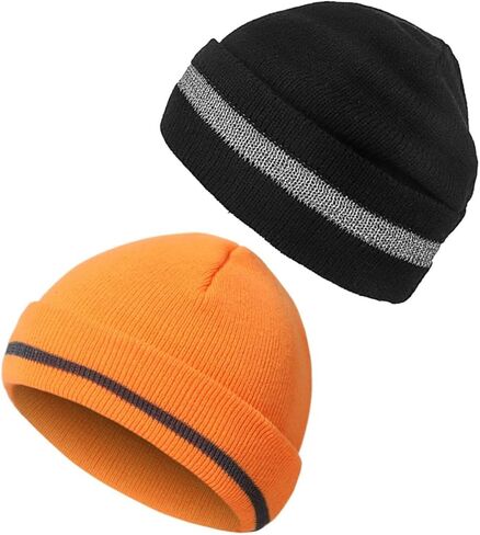 BESPORTBLE High Visibility Reflective Knit Beanie Hat with Fluorescent Trim, Warm Men's and Women's Cycling Cap, Black and Orange Outdoor Winter Skullie in Saudi Arabia