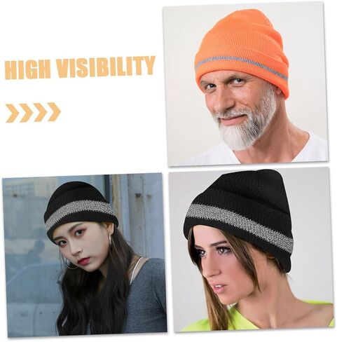 BESPORTBLE High Visibility Reflective Knit Beanie Hat with Fluorescent Trim, Warm Men's and Women's Cycling Cap, Black and Orange Outdoor Winter Skullie in Saudi Arabia