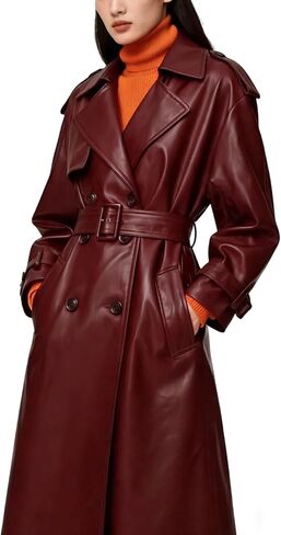 Utcoco Women's Faux Leather Trench Coat Double Breadted High Weist Long Pu Leather Stack in Saudi Arabia