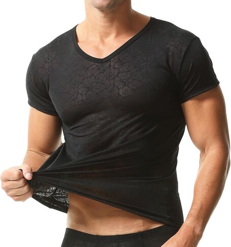 YUFEIDA Men's Sheer Soft Undershirts Short Sleeve Tee Shirt Lightweight Lace Tops V Neck Sexy Muscle Fit Undershirt in Saudi Arabia