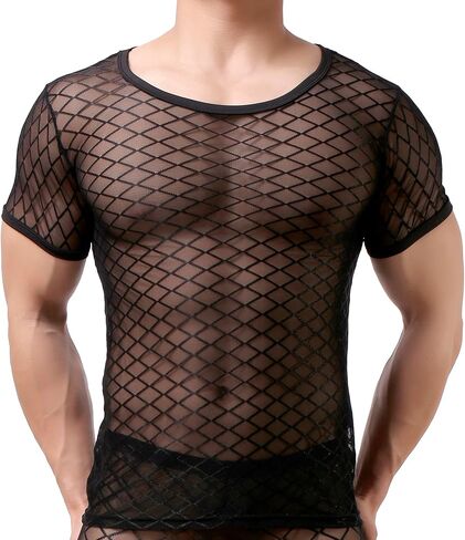 تي شيرت شبكي بأكمام قصيرة للرجال، قميص داخلي مثير بدون أكمام شبكي شفاف شفاف يمكن الرؤية من خلاله in Kuwait