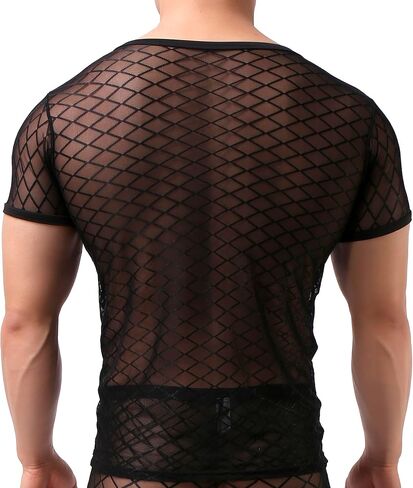 تي شيرت شبكي بأكمام قصيرة للرجال، قميص داخلي مثير بدون أكمام شبكي شفاف شفاف يمكن الرؤية من خلاله in Kuwait