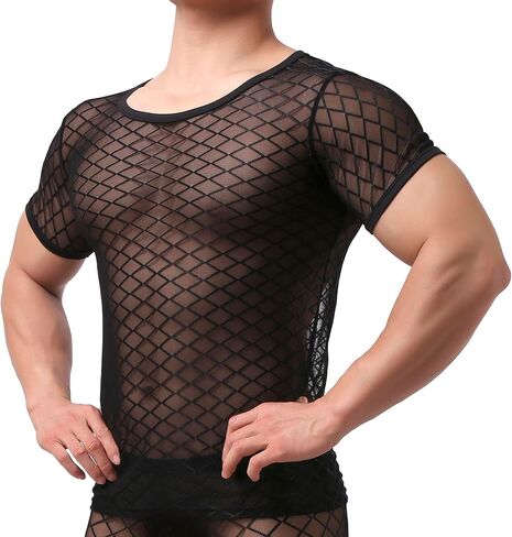 تي شيرت شبكي بأكمام قصيرة للرجال، قميص داخلي مثير بدون أكمام شبكي شفاف شفاف يمكن الرؤية من خلاله in Kuwait