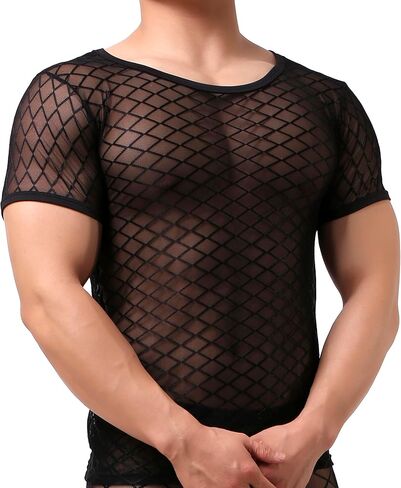 تي شيرت شبكي بأكمام قصيرة للرجال، قميص داخلي مثير بدون أكمام شبكي شفاف شفاف يمكن الرؤية من خلاله in Kuwait