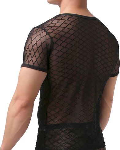 تي شيرت شبكي بأكمام قصيرة للرجال، قميص داخلي مثير بدون أكمام شبكي شفاف شفاف يمكن الرؤية من خلاله in Kuwait