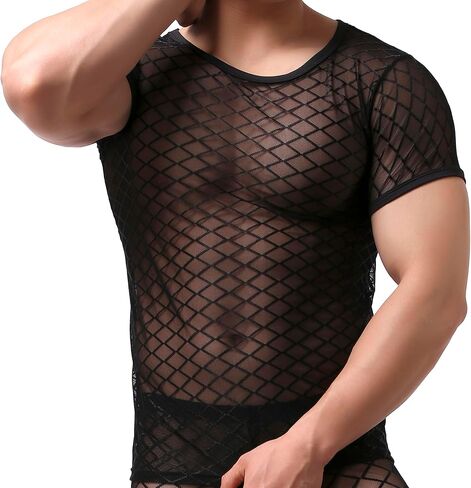 تي شيرت شبكي بأكمام قصيرة للرجال، قميص داخلي مثير بدون أكمام شبكي شفاف شفاف يمكن الرؤية من خلاله in Kuwait