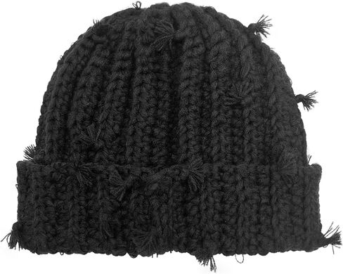 Womens Chunky Crochet Beanie Casual Cuffed Winter Hat with Boho Tassel Knot in Kuwait