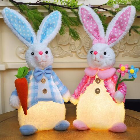 Juegoal 2 Pack Lighted Easter Bunny, 12.5" Handmade Huggable Rabbits Couple with Lights, Light Up Easter Basket Rabbits Easter Gift, Party Favor Figurine for Spring Tabletop Holiday Room, White in Saudi Arabia