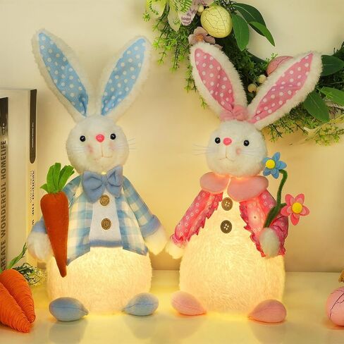 Juegoal 2 Pack Lighted Easter Bunny, 12.5" Handmade Huggable Rabbits Couple with Lights, Light Up Easter Basket Rabbits Easter Gift, Party Favor Figurine for Spring Tabletop Holiday Room, White in Saudi Arabia