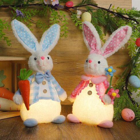 Juegoal 2 Pack Lighted Easter Bunny, 12.5" Handmade Huggable Rabbits Couple with Lights, Light Up Easter Basket Rabbits Easter Gift, Party Favor Figurine for Spring Tabletop Holiday Room, White in Saudi Arabia