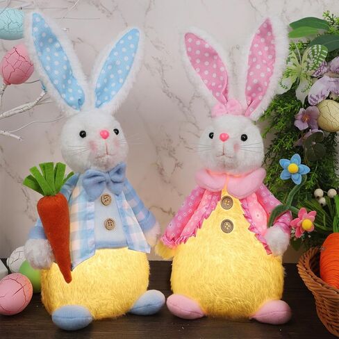 Juegoal 2 Pack Lighted Easter Bunny, 12.5" Handmade Huggable Rabbits Couple with Lights, Light Up Easter Basket Rabbits Easter Gift, Party Favor Figurine for Spring Tabletop Holiday Room, White in Saudi Arabia