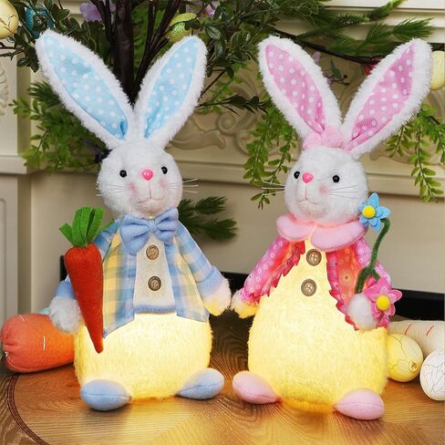 Juegoal 2 Pack Lighted Easter Bunny, 12.5" Handmade Huggable Rabbits Couple with Lights, Light Up Easter Basket Rabbits Easter Gift, Party Favor Figurine for Spring Tabletop Holiday Room, White in Saudi Arabia